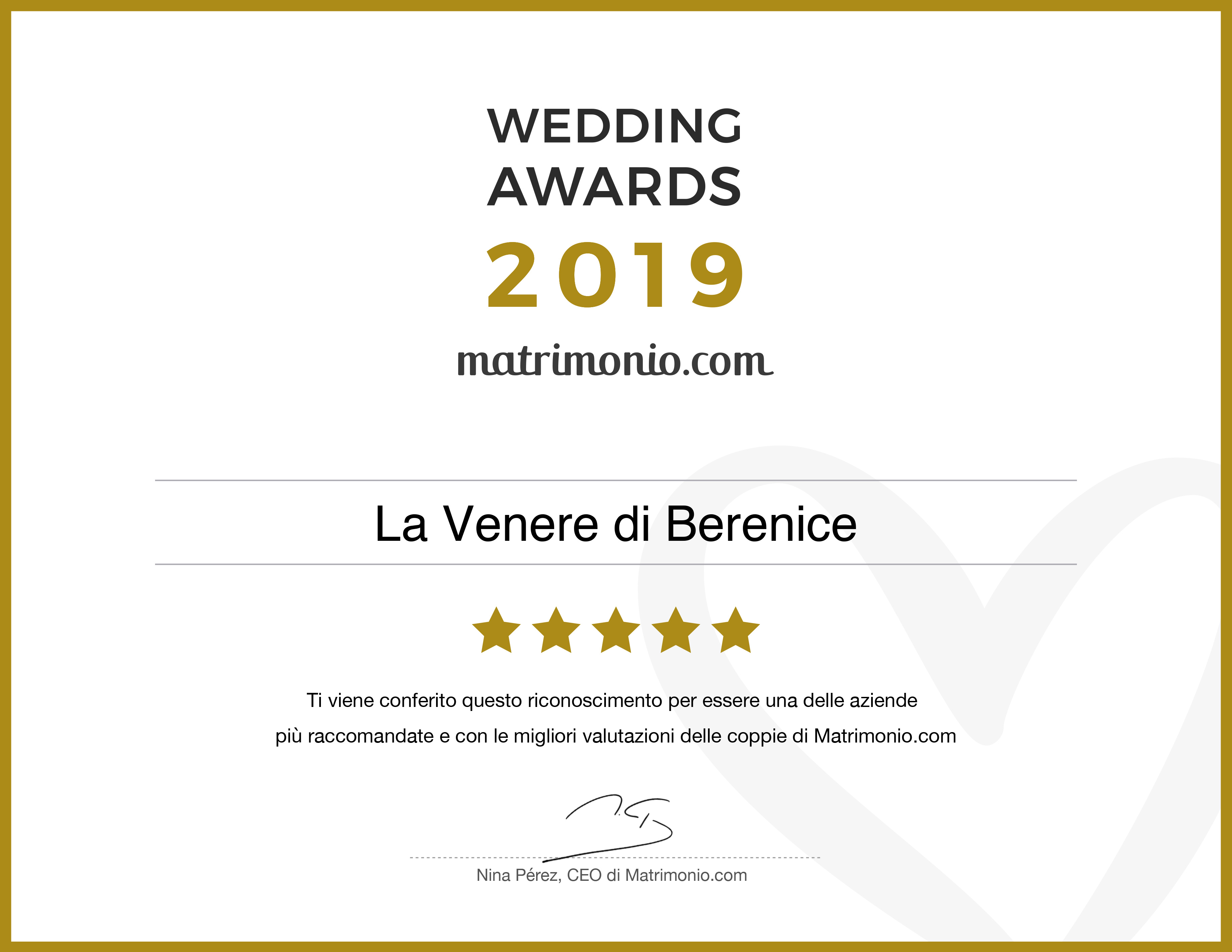 Wedding Awards 2019: La Venere di Berenice premiata per la categoria Sposa e accessori Wedding Awards 2019: La Venere di Berenice premiata per la categoria Sposa e accessori